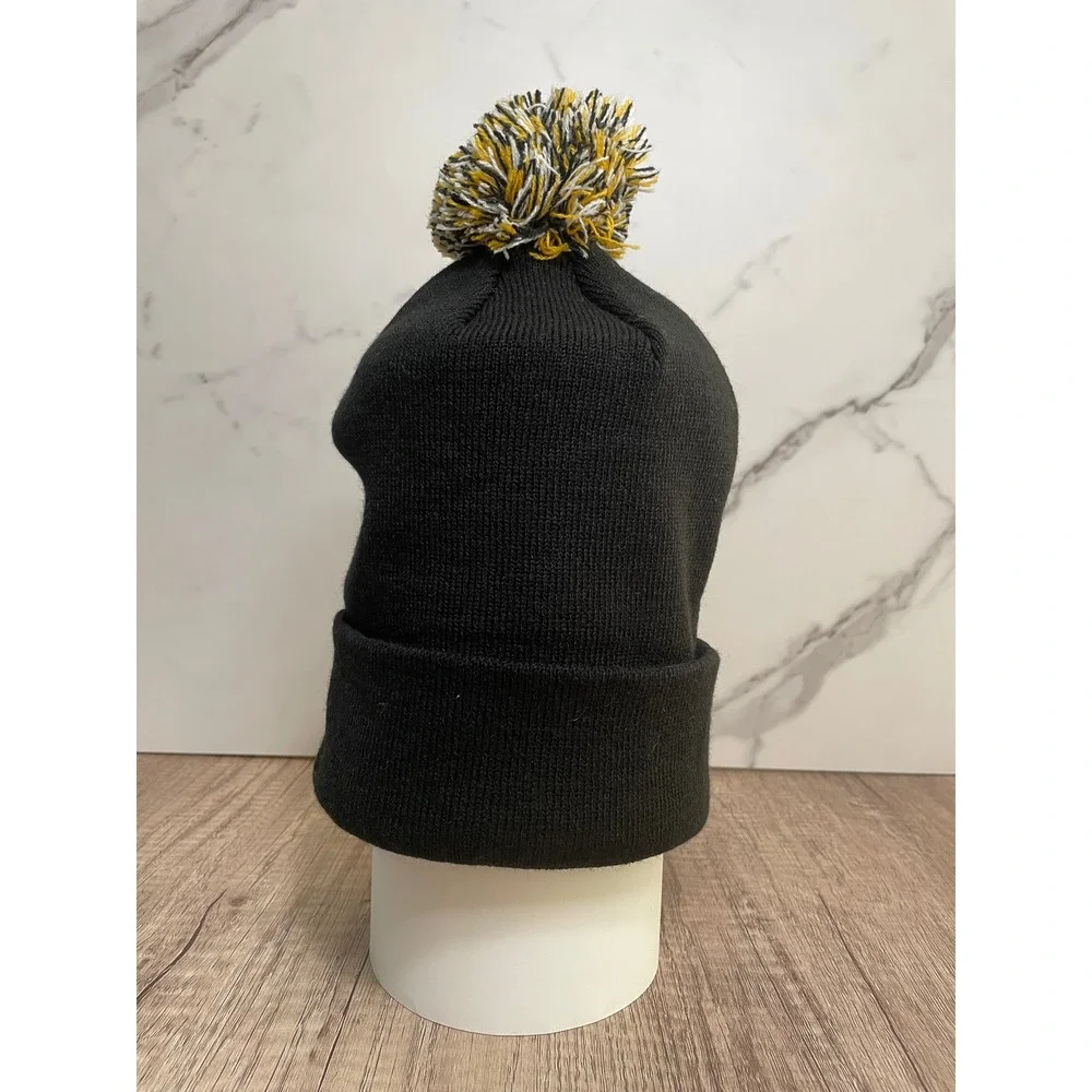 LB Beanie Pom Pom Knit Hat Black and‎ Gold Embroidered Logo Winter Cap